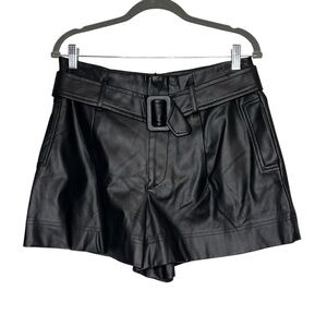 Zara Shorts Womens Size Large Black Faux Leather Pleated Front Belted Pockets